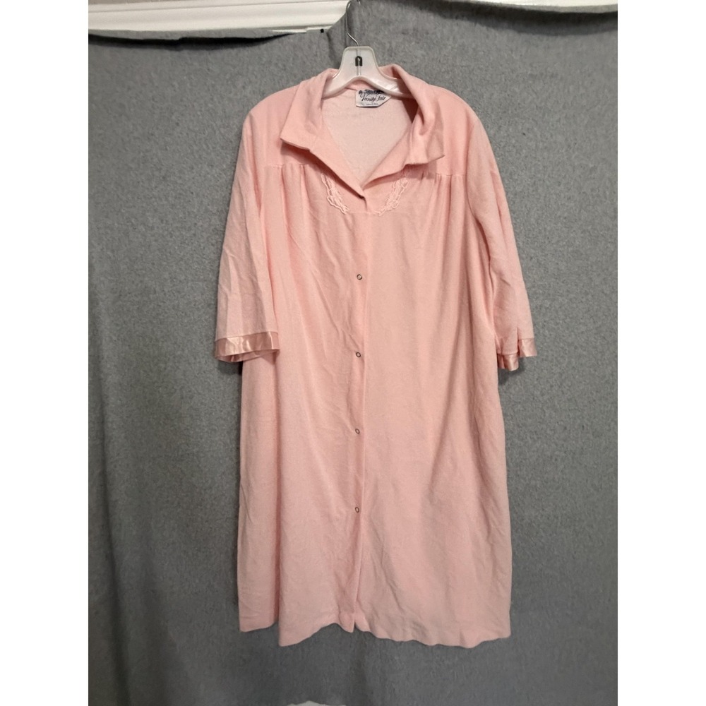 Vintage Vanity Fair Robe Womens Large Pink Velour Button Kaftan Housecoat USA